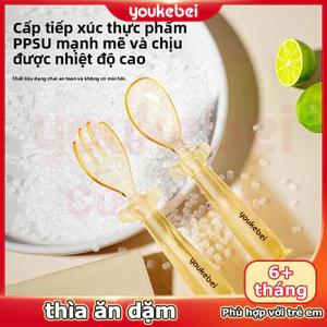 Youkebei Thìa tập ăn PPSU Bộ Thìa Dĩa silicon Cho Bé Ăn Dặm thìa Bẻ Cong Tập Xúc Thìa dĩa ăn dặm Thìa cong