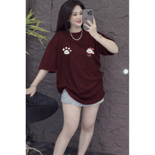 Áo thun chất cotton form rộng tay lỡ - cún đội mũ đỏ + bàn chân