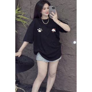 Áo thun chất cotton form rộng tay lỡ - cún đội mũ đỏ + bàn chân