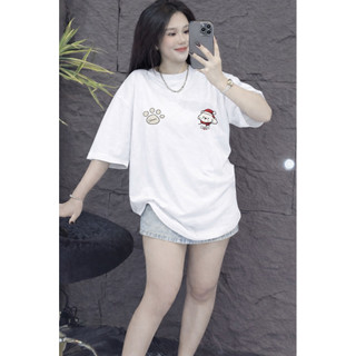 Áo thun chất cotton form rộng tay lỡ - cún đội mũ đỏ + bàn chân