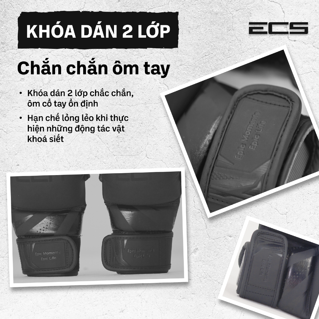 Găng tay hở ngón MMA sparing ECM, Đệm êm giảm lực, Khoá 2 lớp chắc chắn, Da bò nguyên tấm bền bỉ