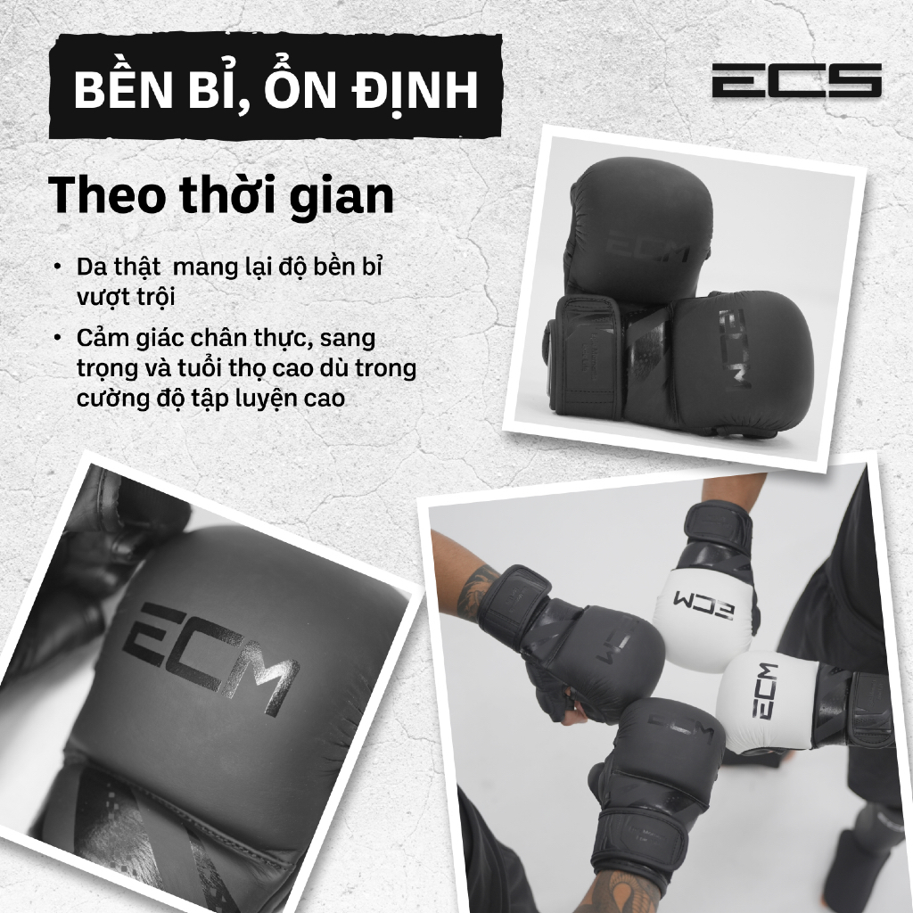 Găng tay hở ngón MMA sparing ECM, Đệm êm giảm lực, Khoá 2 lớp chắc chắn, Da bò nguyên tấm bền bỉ