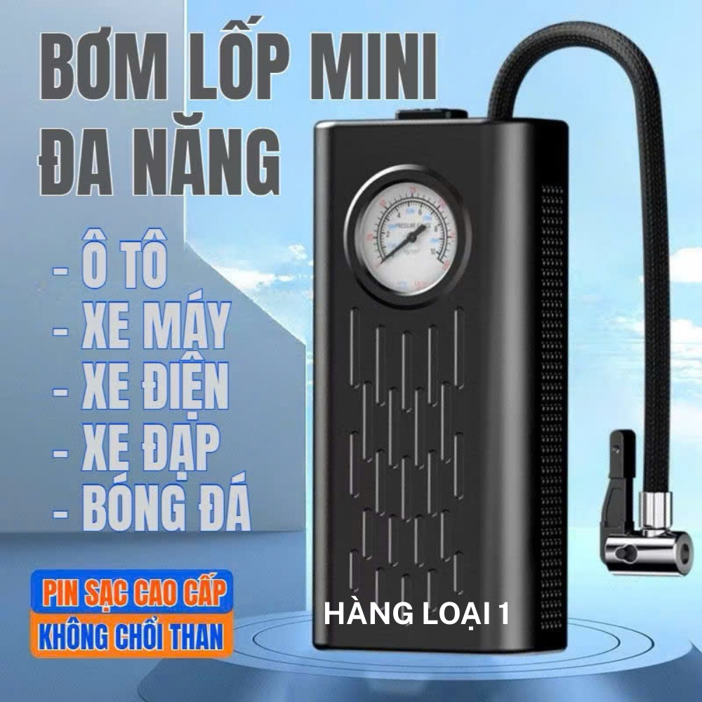Bơm lốp mini loại 1 di động dùng pin sạc cao cấp dùng cho Ô tô, Xe đạp, Xe máy, Xe điện, Bóng đá...Bảo hành 24 tháng