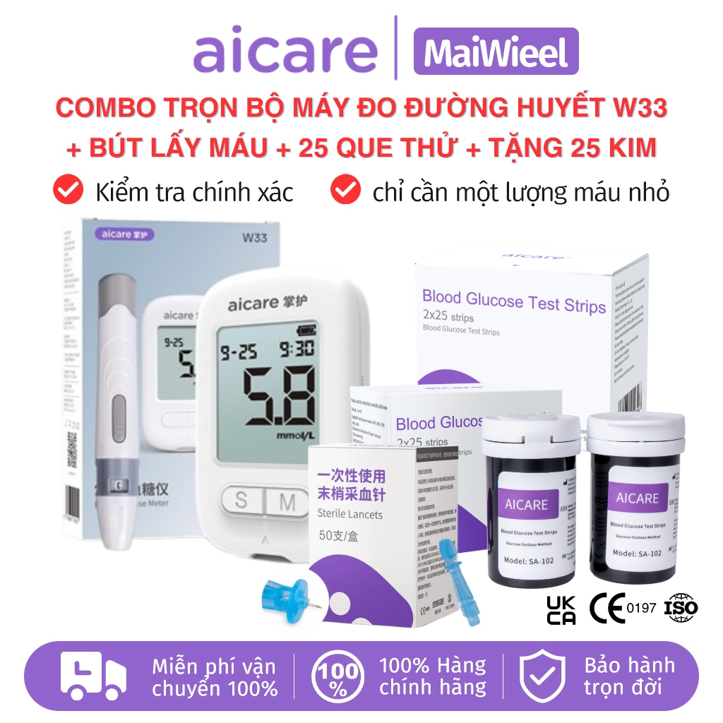 Máy Đo Đường Huyết  AICARE + 50 Que Thử + Tặng 50 Kim Lấy Máu Đo Nhanh Chính Xác Dễ Sử Dụng Tại Nhà