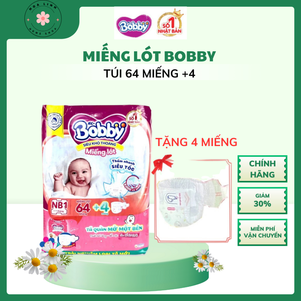 [MẪU MỚI TẶNG 4 MIẾNG] Miếng Lót Bobby Newborn 1 (64+4 miếng)