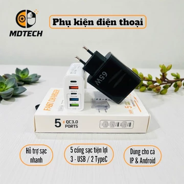 Củ sạc điện thoại 5 cổng sạc (3USB & 2TypeC) - Củ sạc nhanh kèm dây sạc / Dùng cho mọi loại dây sạc