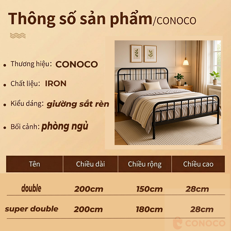 CONOCO Giường sắt khung thép hộp vuông gia cường  xà ngang bản rộng, chống rung lắc tải tĩnh 300kg