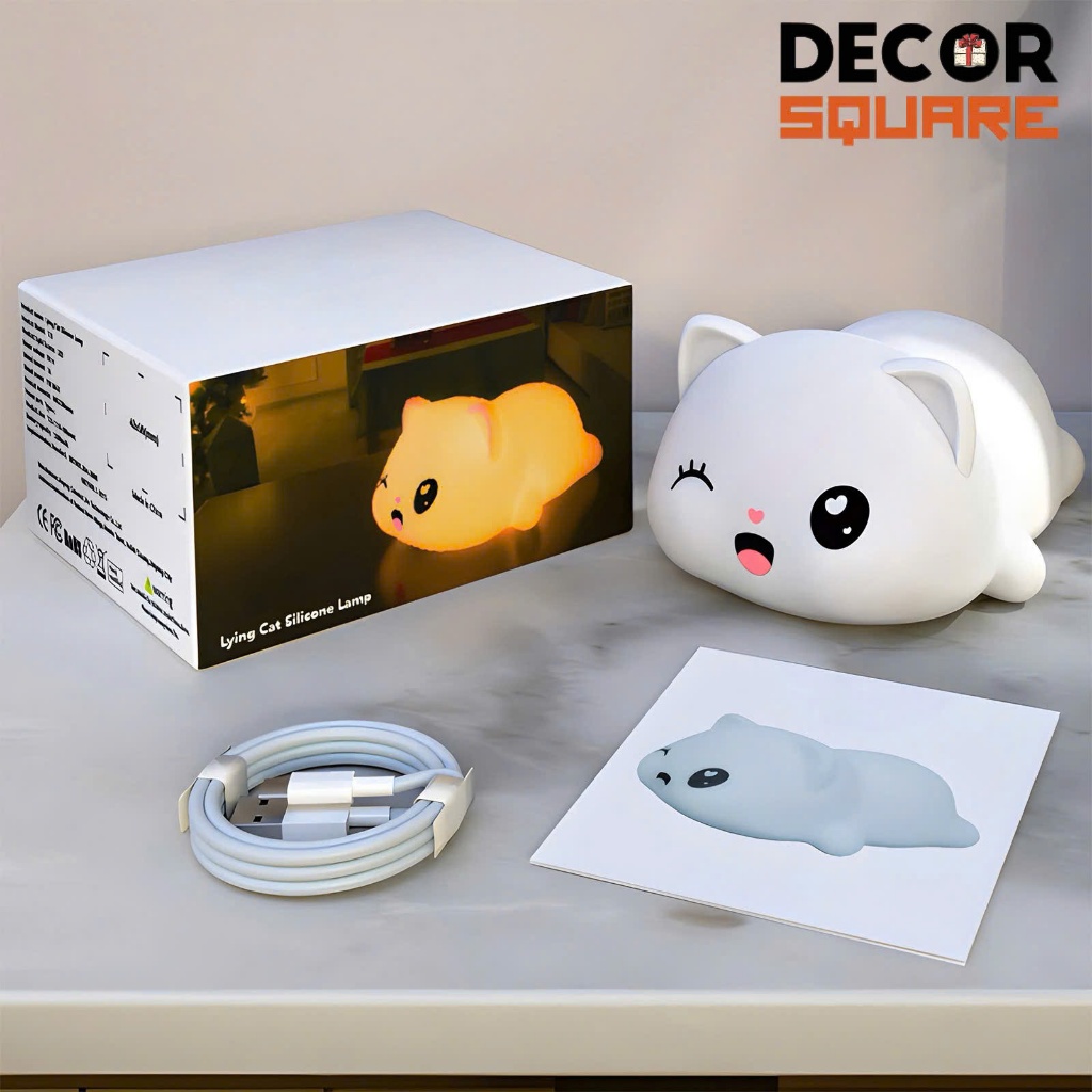 Đèn Ngủ Silicon Mèo Nằm Sạc Pin Hẹn Giờ DecorSquare - 3 Mức Sáng Dịu Quà Tặng Bé Decor Phòng Ngủ