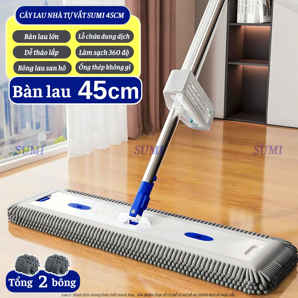 Cây Lau Nhà Tự Vắt SUMI 45cm, Chổi Lau Nhà Tự Vắt Thông Minh Xoay 360 độ Tiện Dụng, 3 Bông San Hô