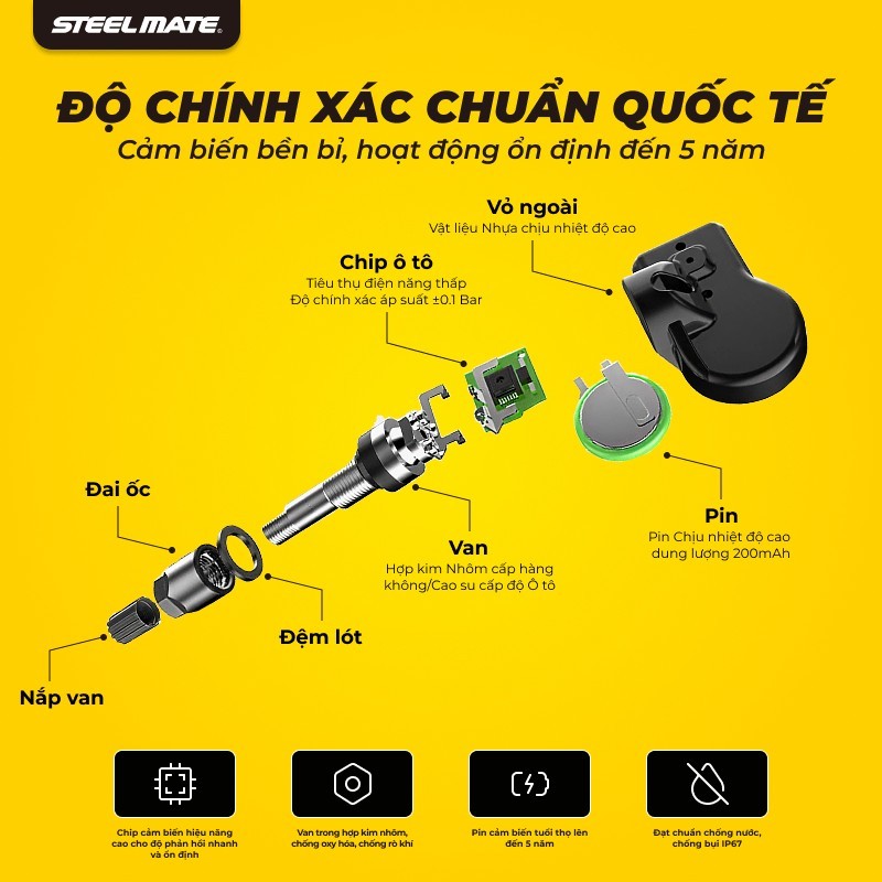 [TPMS] Cảm Biến Áp Suất Lốp STEELMATE TP-73 PRO, Van Trong Lỗ Chờ Taplo các dòng xe TOYOTA, SUBARU - Bảo hành 3 năm