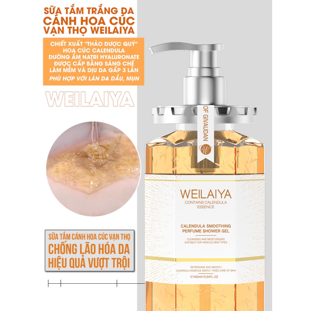 Combo 2 chai Sữa tắm Weilaiya dưỡng da cánh hoa hồng , hoa trà, hoa cúc 450ml