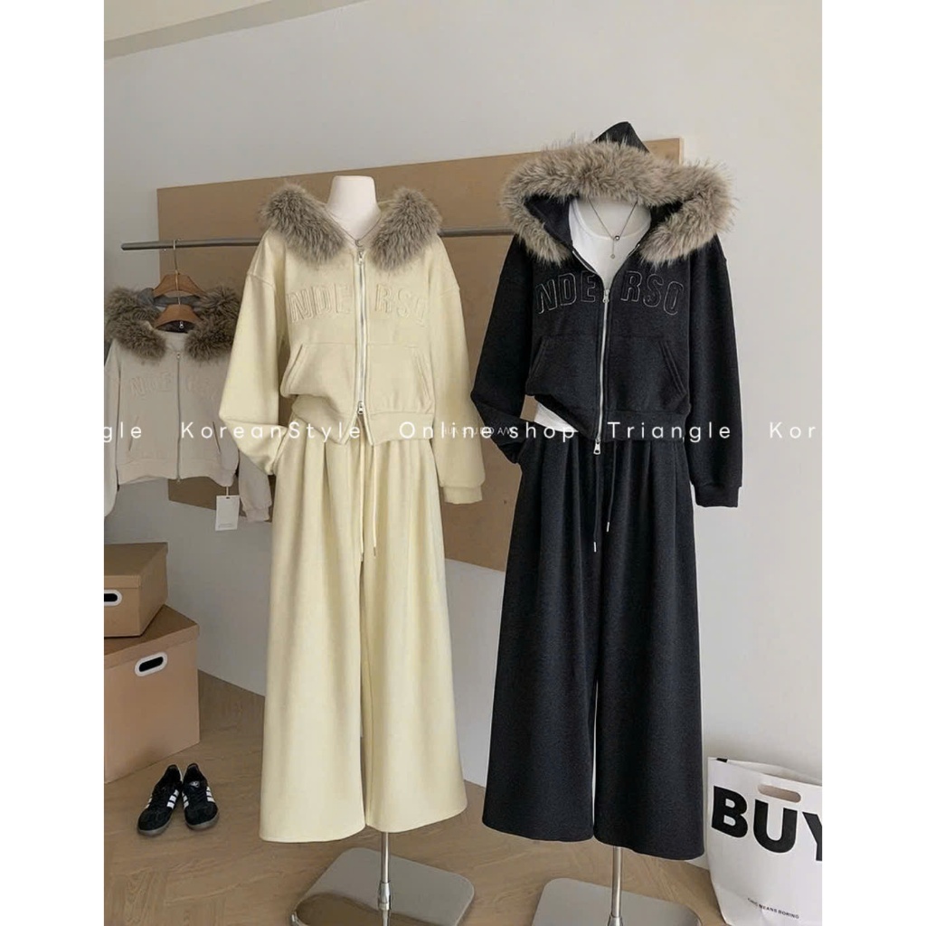 TRIANGLE - DE Set (Cân nhắc kỹ, return is not welcomed)- Set bộ nỉ lót nhung có mũ lông phong cách Hàn Quốc, thanh lịch