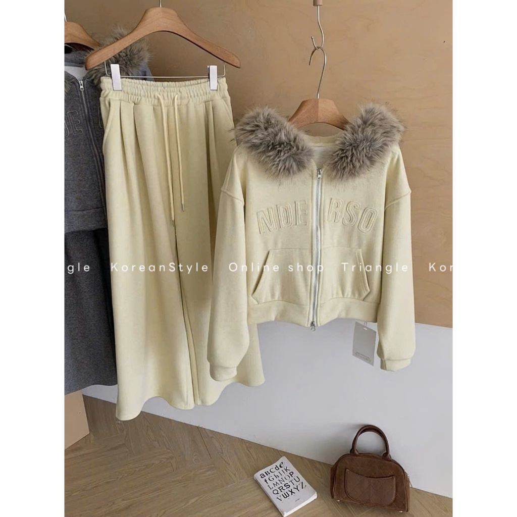 TRIANGLE - DE Set (Cân nhắc kỹ, return is not welcomed)- Set bộ nỉ lót nhung có mũ lông phong cách Hàn Quốc, thanh lịch