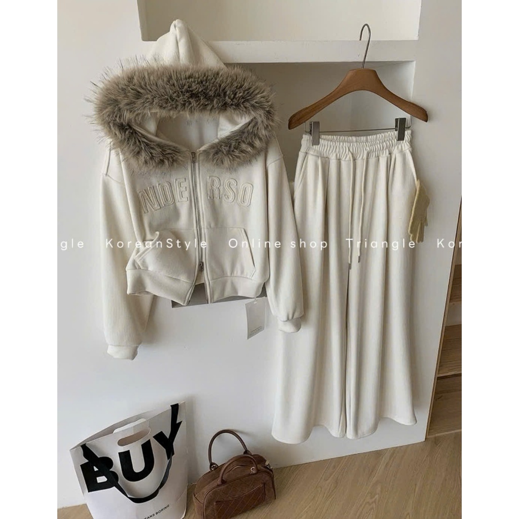 TRIANGLE - DE Set (Cân nhắc kỹ, return is not welcomed)- Set bộ nỉ lót nhung có mũ lông phong cách Hàn Quốc, thanh lịch