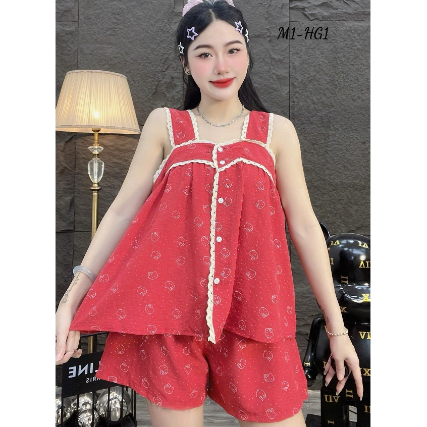 Đồ bộ nữ đồ mặc nhà,đồ ngủ dễ thương,đồ đũi cao cấp,cổ vuông viền ren quần đùi họa tiết hottrend[320]
