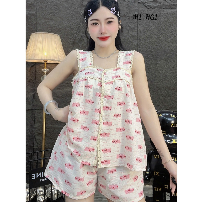 Đồ bộ nữ đồ mặc nhà,đồ ngủ dễ thương,đồ đũi cao cấp,cổ vuông viền ren quần đùi họa tiết hottrend[320]