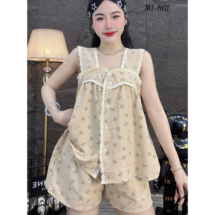 Đồ bộ nữ đồ mặc nhà,đồ ngủ dễ thương,đồ đũi cao cấp,cổ vuông viền ren quần đùi họa tiết hottrend[320]