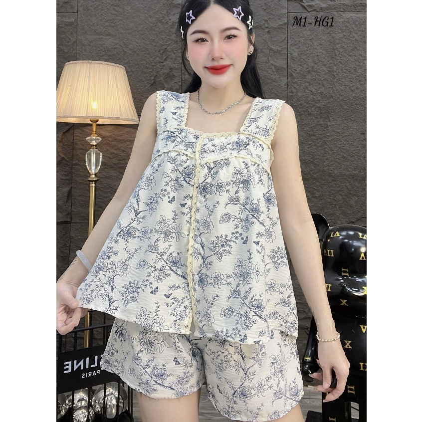 Đồ bộ nữ đồ mặc nhà,đồ ngủ dễ thương,đồ đũi cao cấp,cổ vuông viền ren quần đùi họa tiết hottrend[320]