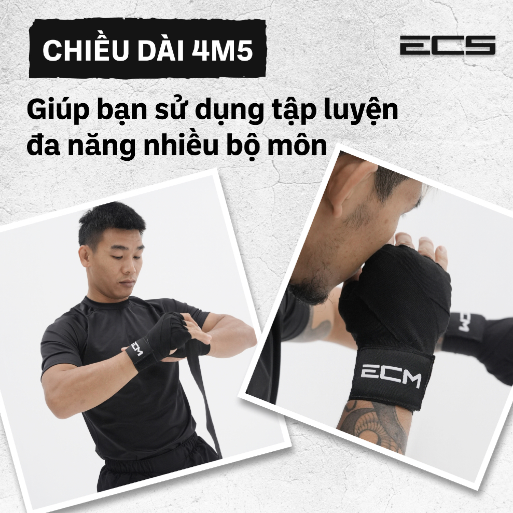 Băng đa quấn tay MMA/Boxing ECM, Chiều dài 4m5, Cotton blend mềm, Co giãn, Hook n loop chắc chắn