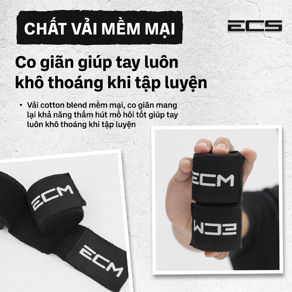 Băng đa quấn tay MMA/Boxing ECM, Chiều dài 4m5, Cotton blend mềm, Co giãn, Hook n loop chắc chắn