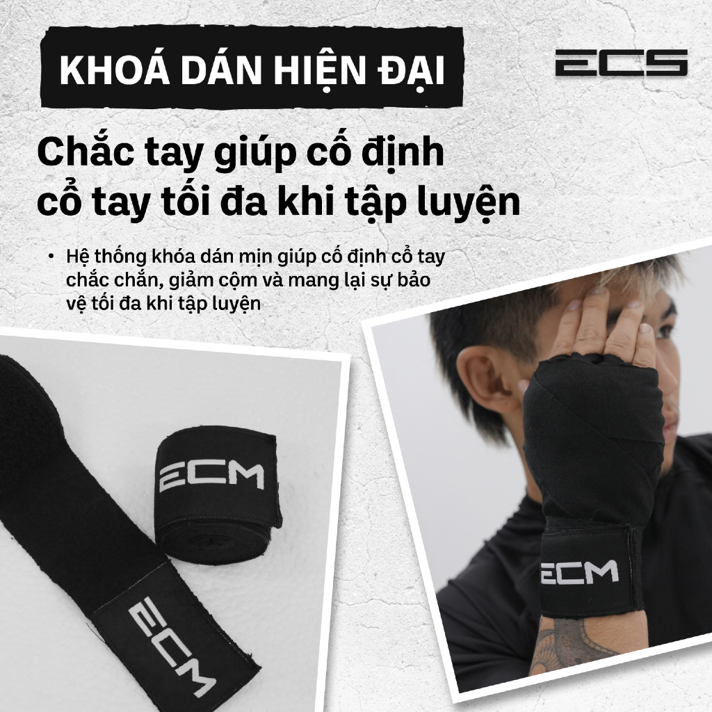 Băng đa quấn tay MMA/Boxing ECM, Chiều dài 4m5, Cotton blend mềm, Co giãn, Hook n loop chắc chắn