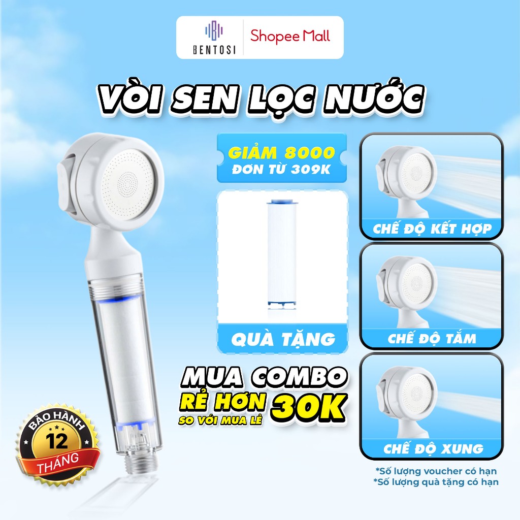 Vòi Sen Nhà Tắm Bentosi VST, (Lọc Nước, Tăng Áp) Phun Nước 3 Chế Độ, Màu Trắng Bóng