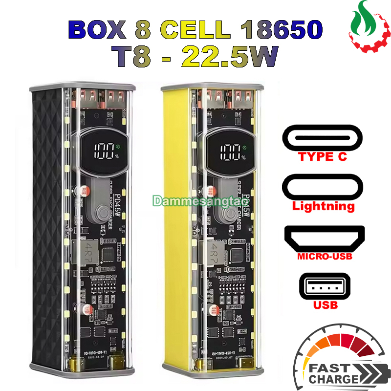 Vỏ box sạc dự phòng 8 cell 18650 có lò xo (T8) sạc nhanh 22.5W | Shopee ...