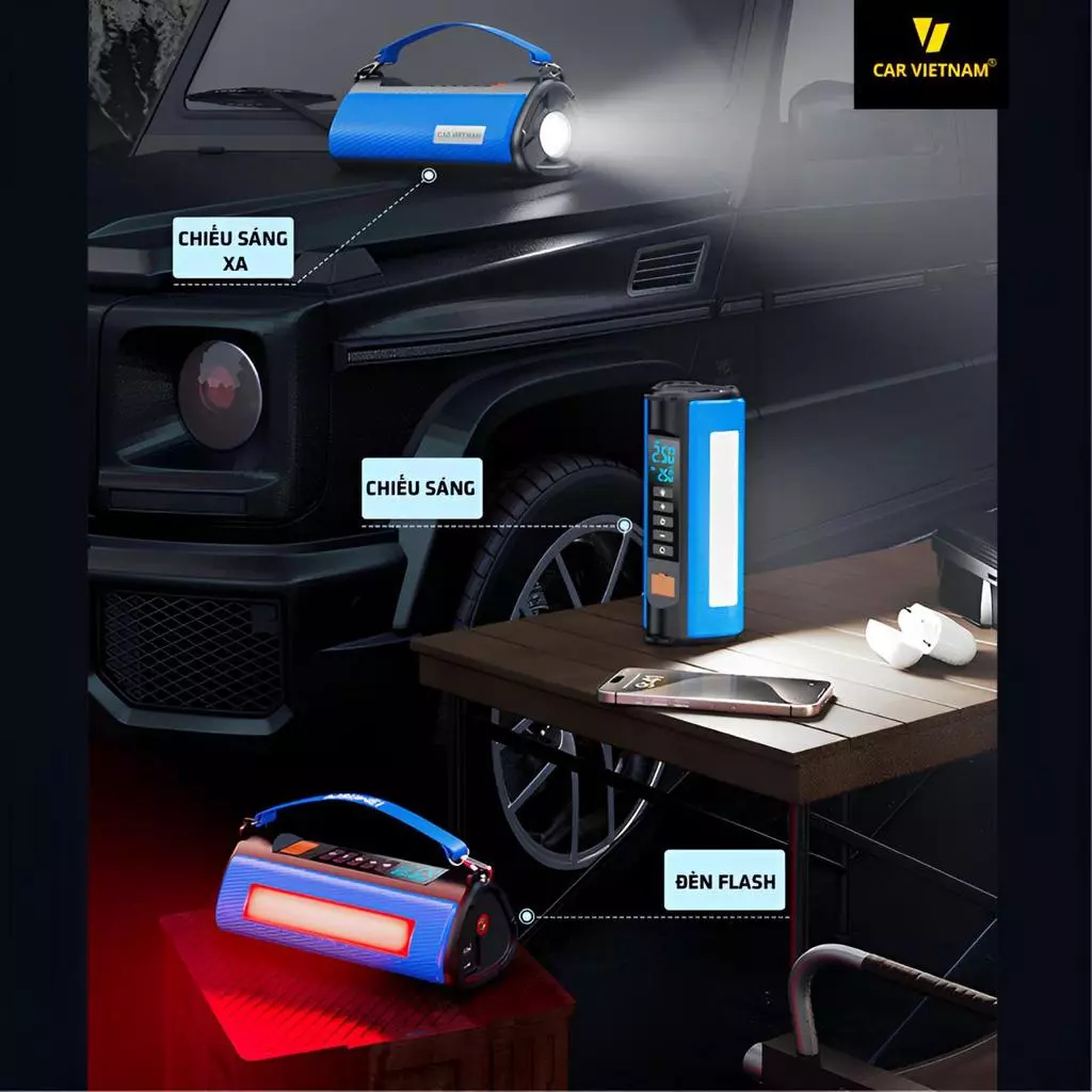 Máy Bơm Lốp Ô Tô Xe Máy CAR VIETNAM 5in1 12V – Kích Bình, Pin Li-Po 16000mAh, Sạc Dự Phòng, Đèn Pin, Đo Áp Suất