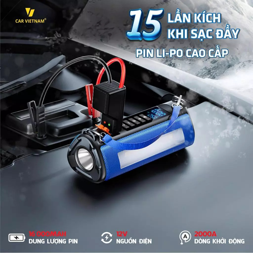 Máy Bơm Lốp Ô Tô Xe Máy CAR VIETNAM 5in1 12V – Kích Bình, Pin Li-Po 16000mAh, Sạc Dự Phòng, Đèn Pin, Đo Áp Suất
