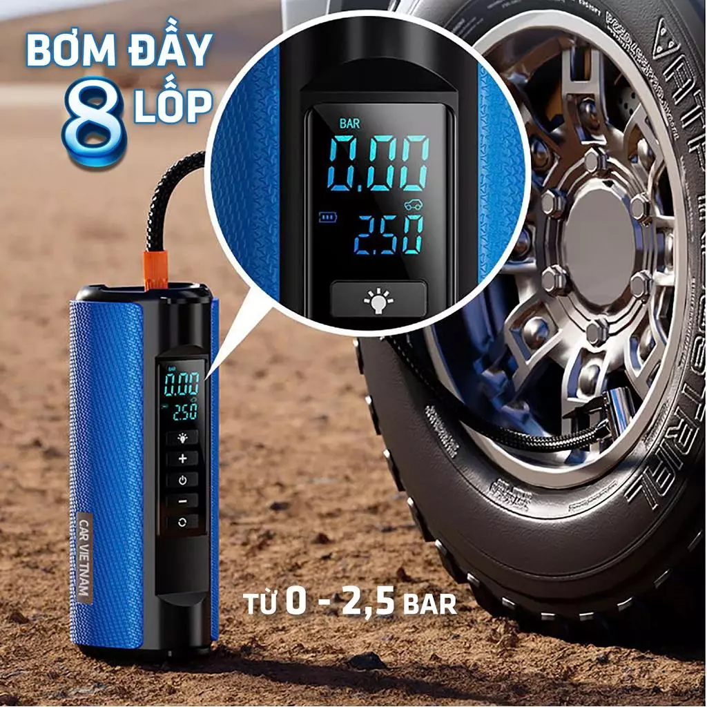 Máy Bơm Lốp Ô Tô Xe Máy CAR VIETNAM 5in1 12V – Kích Bình, Pin Li-Po 16000mAh, Sạc Dự Phòng, Đèn Pin, Đo Áp Suất