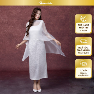 SWANLAKE | Váy Đầm Maxi Nữ Vải Lụa Gấm Phối Choàng Tơ Xẻ Tà Nhấn Eo Sát Nách Đi Tiệc D13329