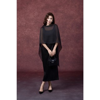 SWANLAKE | Váy Đầm Maxi Nữ Vải Lụa Gấm Phối Choàng Tơ Xẻ Tà Nhấn Eo Sát Nách Đi Tiệc D13329
