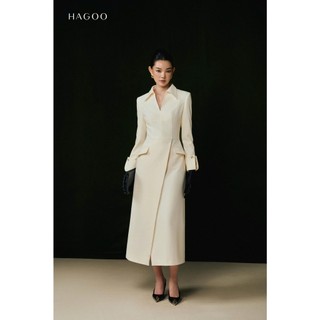 Váy nữ cổ V đức vạt chéo màu trắng kem HAGOO phong cách sang trọng thanh lịch [V9062]