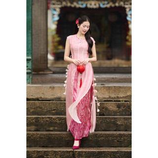 [LAMER X PHƯƠNG ANH ĐÀO] Áo Dài Cách Tân Phúc Hoa (Không Quần) Dáng Ôm Vai Chờm 5 Tà Cổ Tròn LAMER S61A25Q013