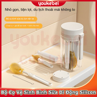 Youkebei Bộ cọ rửa bình sữa silicon mềm và kệ úp bình chống đổ - Giải pháp vệ sinh bình sữa và ống hút an toàn cho bé