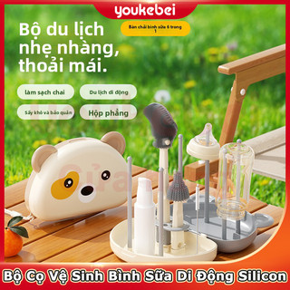 Youkebei bộ cọ rửa bình sữa, cọ rửa ống hút bằng silicon tiện lợi, kèm kệ úp bình sữa, dụng cụ vệ sinh an toàn cho bé