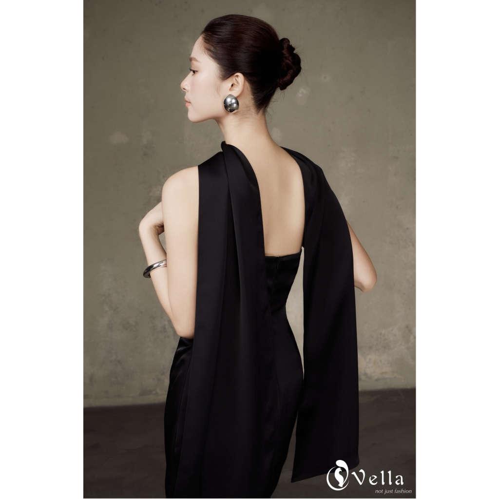 Khăn choàng lụa dạ tiệc màu trắng / đen cao cấp phối đầm cúp ngực, áo ống Vella VPK-KL