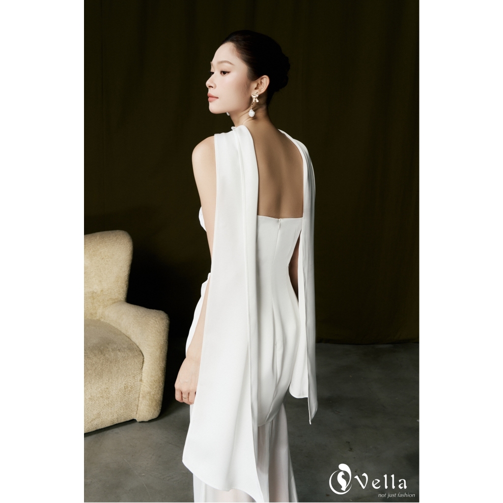 Khăn choàng lụa dạ tiệc màu trắng / đen cao cấp phối đầm cúp ngực, áo ống Vella VPK-KL