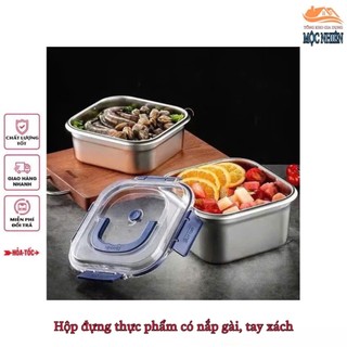 Combo 3 [Nắp gài - quai xách] Hộp inox vuông đựng thực phẩm có nắp gài, quai xách  - tiện dụng, siêu bền