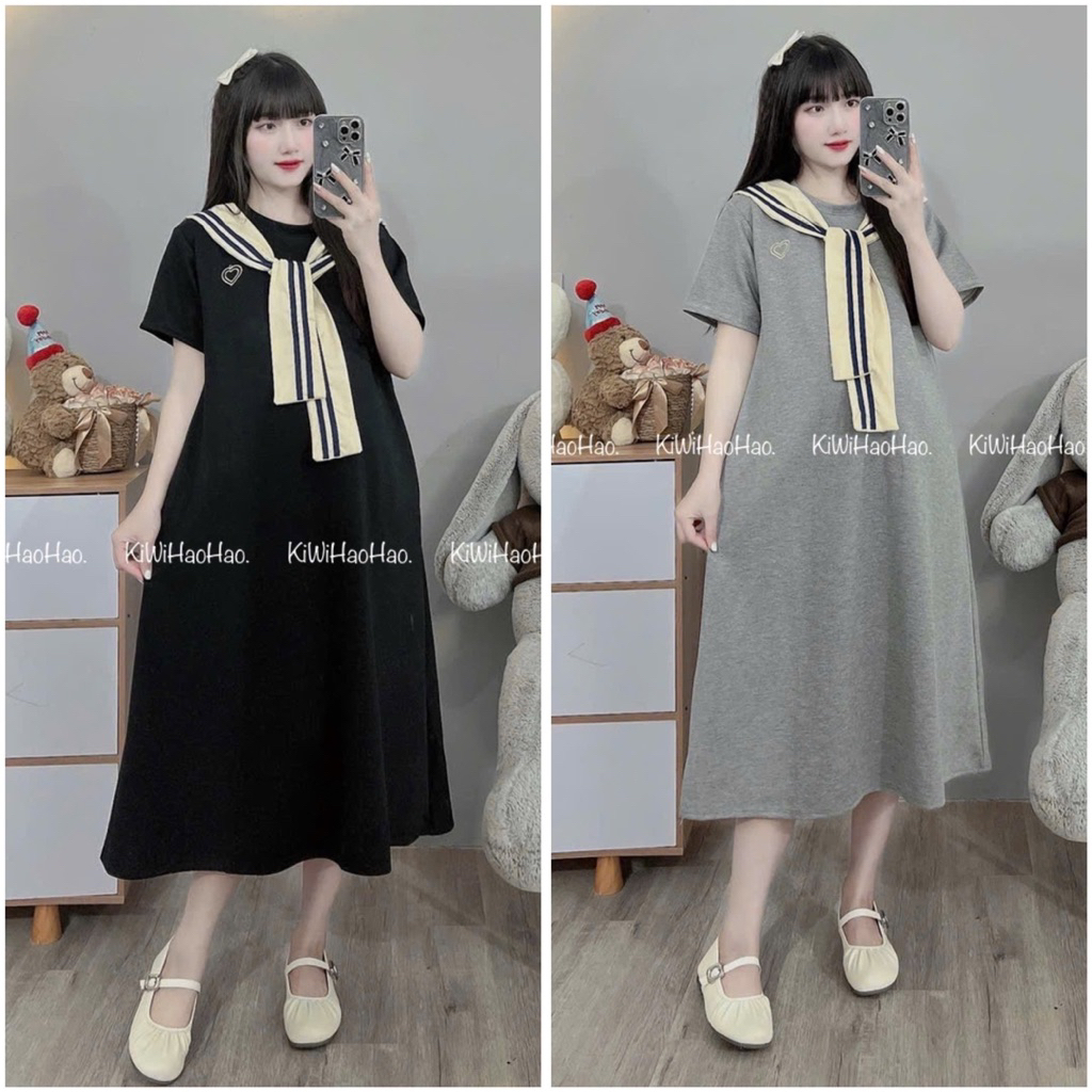 VÁY BẦU CỘC TAY MÌ CỔ TRÒN DÁNG XUÔNG KÈM KHĂN - 2 Màu