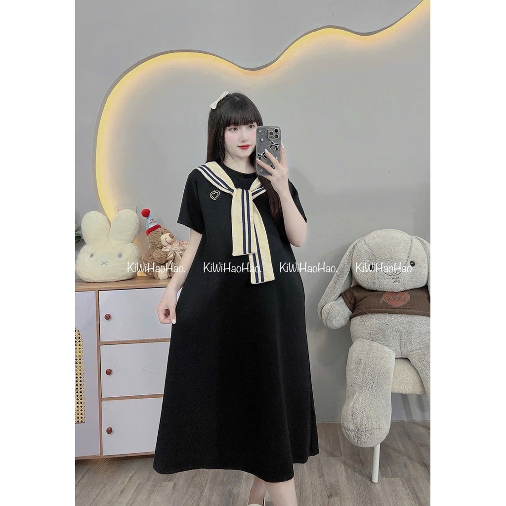 VÁY BẦU CỘC TAY MÌ CỔ TRÒN DÁNG XUÔNG KÈM KHĂN - 2 Màu