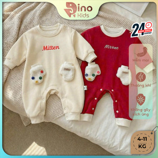 Body zip lông dài tay cho bé 4-11Kg mặc thu đông. Body dài đỏ be cho bé mặc đi chơi. Dino Kids