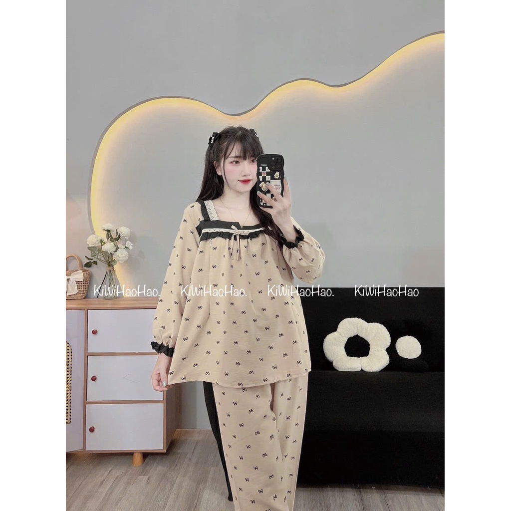 Bộ bầu - bộ sau sinh - BỘ DÀI ĐŨI NHĂN CỔ VUÔNG NƠ - 2 màu