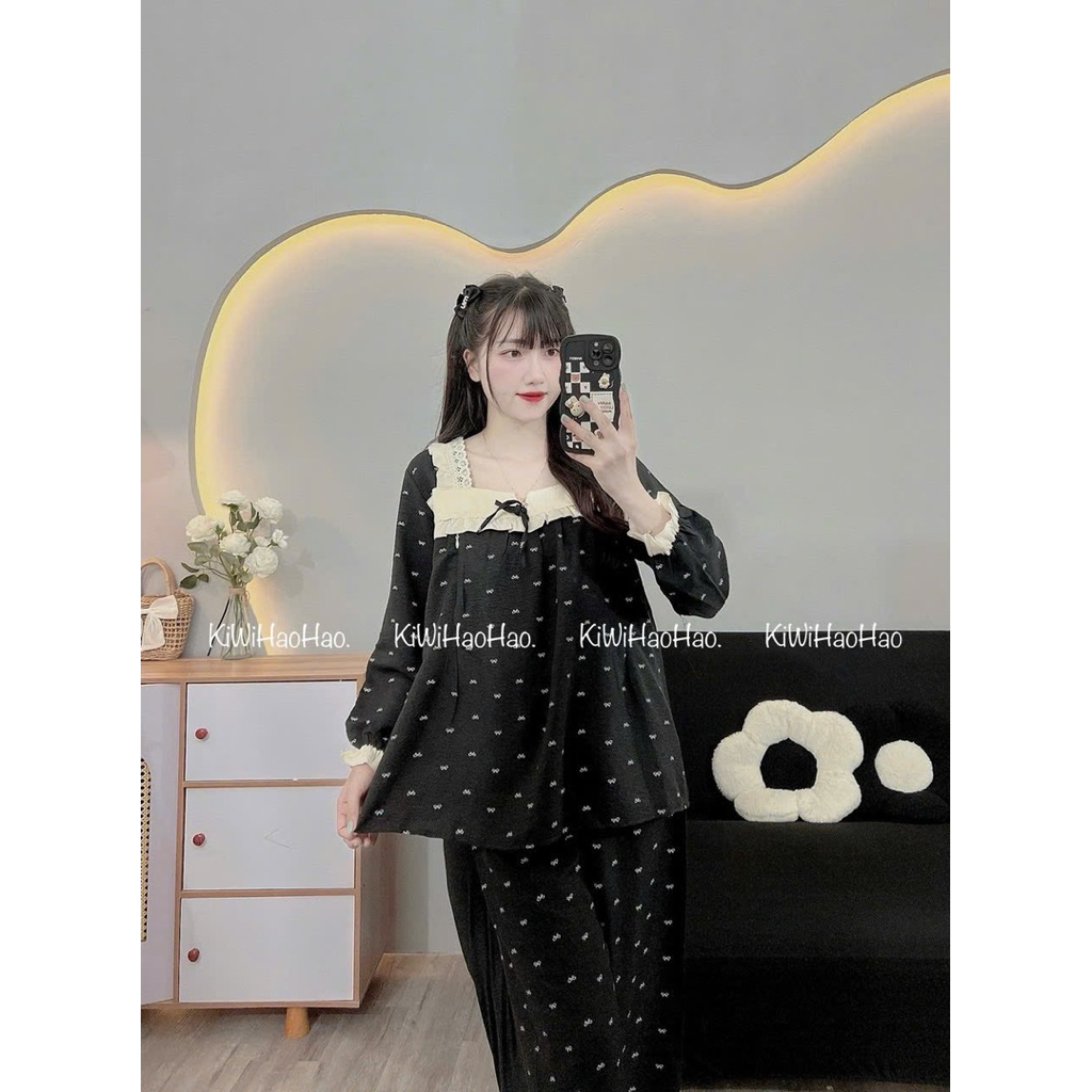 Bộ bầu - bộ sau sinh - BỘ DÀI ĐŨI NHĂN CỔ VUÔNG NƠ - 2 màu