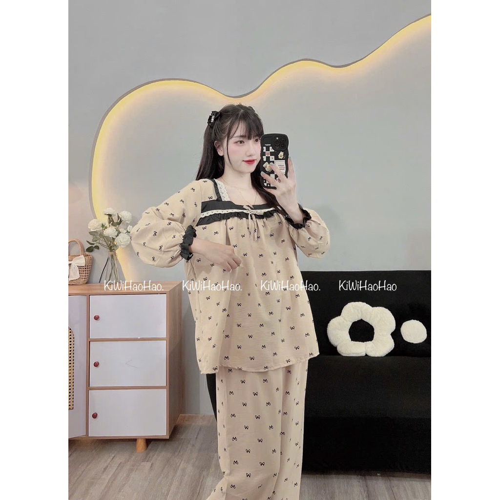 Bộ bầu - bộ sau sinh - BỘ DÀI ĐŨI NHĂN CỔ VUÔNG NƠ - 2 màu