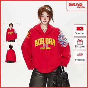 Áo khoác nỉ nữ GRADPOPU tay raglan có mũ in chữ mỏng nhẹ màu đỏ thích hợp mặc mùa thu xuân PH358