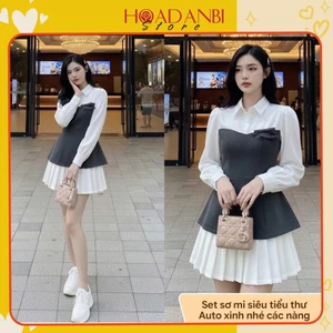 Set áo sơ mi chất chéo ý hàn mix chân váy xếp ly Hoadanbistore, Set Váy Tiểu Thư Sang Chảnh
