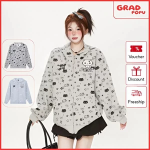 Áo khoác nỉ GRADPOPU có mũ trùm đầu in hình mèo hoạt hình dễ thương và tai thỏ dành cho nữ PH359