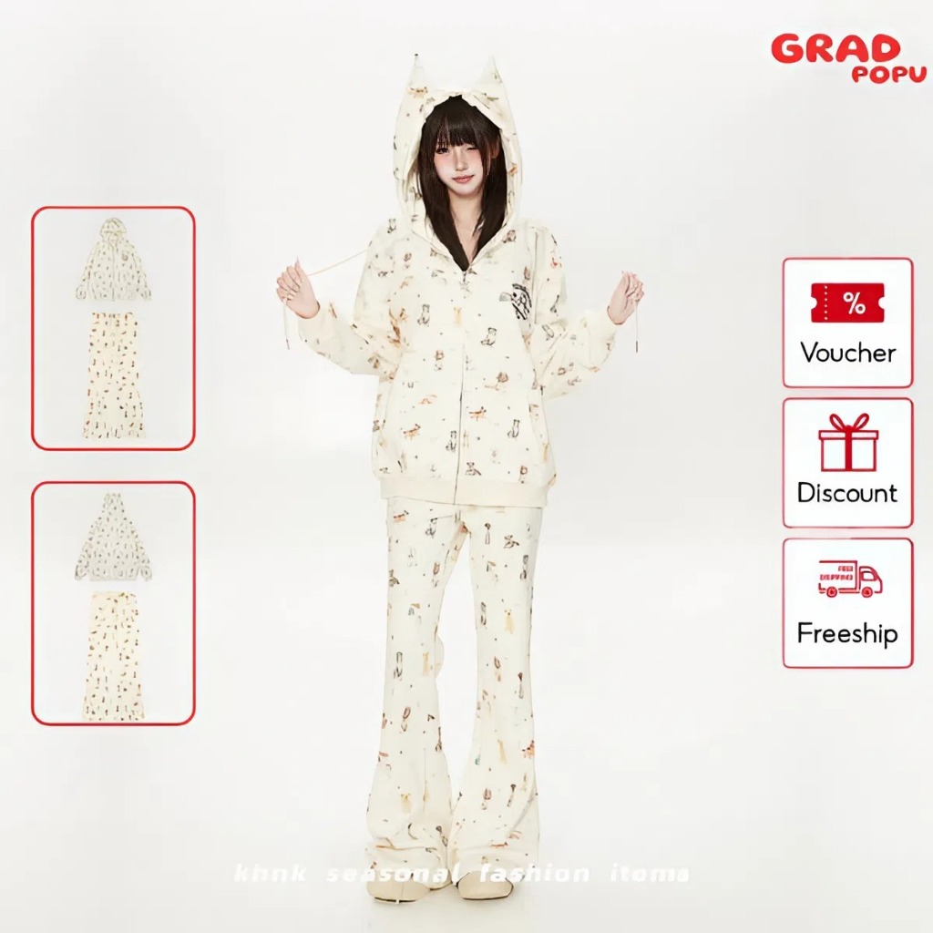 Bộ áo hoodie GRADPOPU in hình tai cún dễ thương dành cho nữ quần ống loe ngọt ngào dễ thương PH424