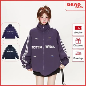 Áo khoác GRADPOPU dáng rộng rãi họa tiết ba sọc cổ đứng kiểu dáng Hàn Quốc dành cho nữ AK151
